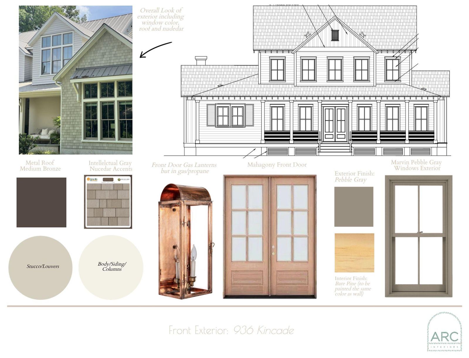 Exterior design board: finishes, fixtures, and lighting