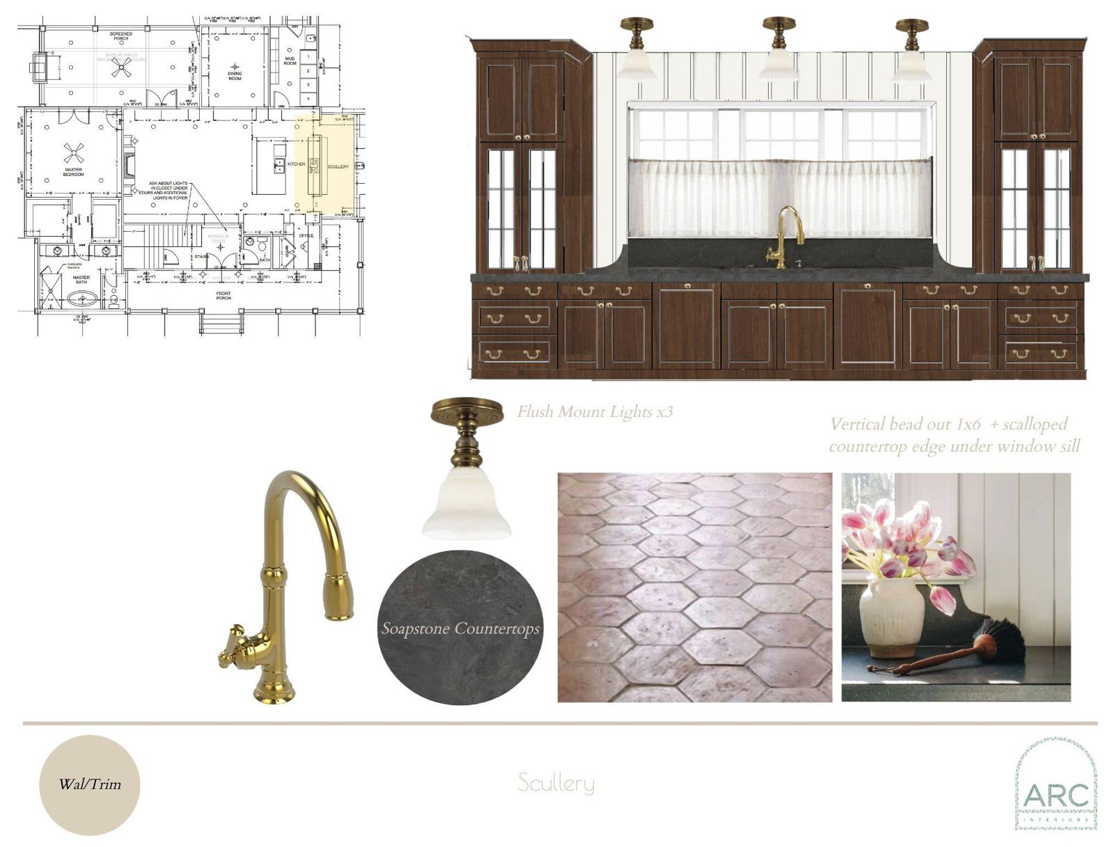 Scullery design board: finishes, fixtures, and lighting