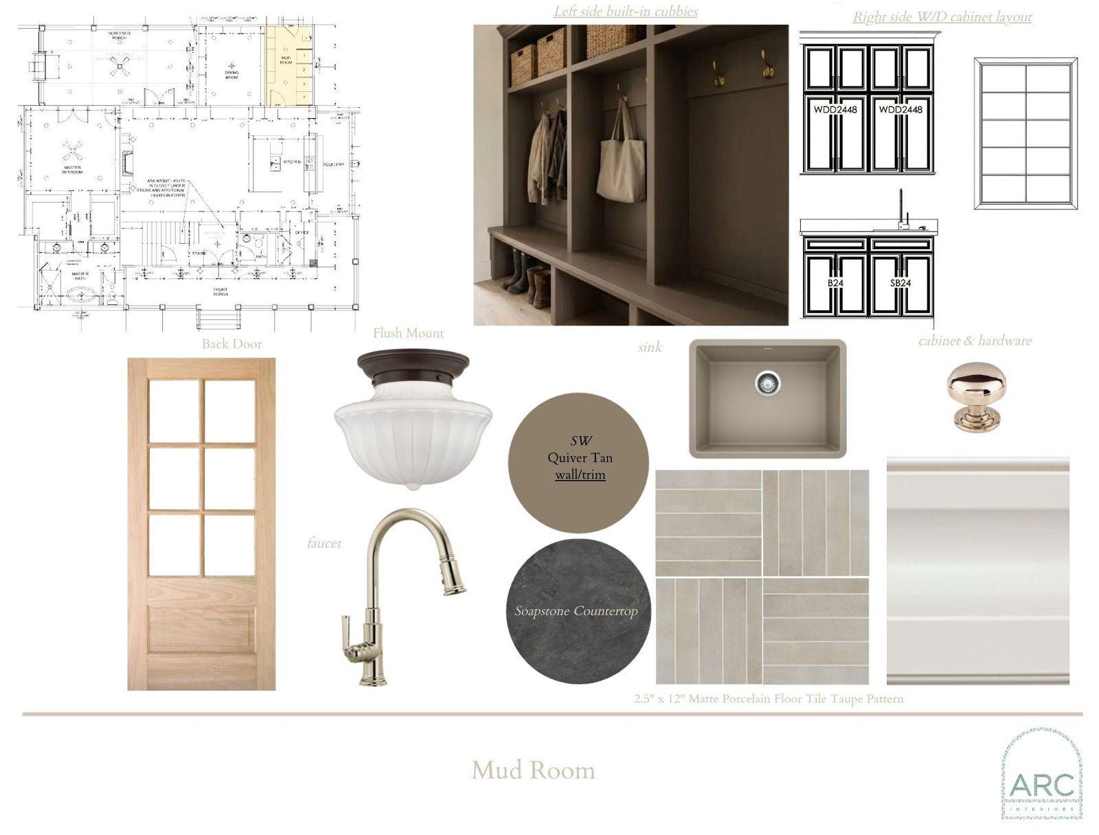 Mudroom design board: finishes, fixtures, and lighting