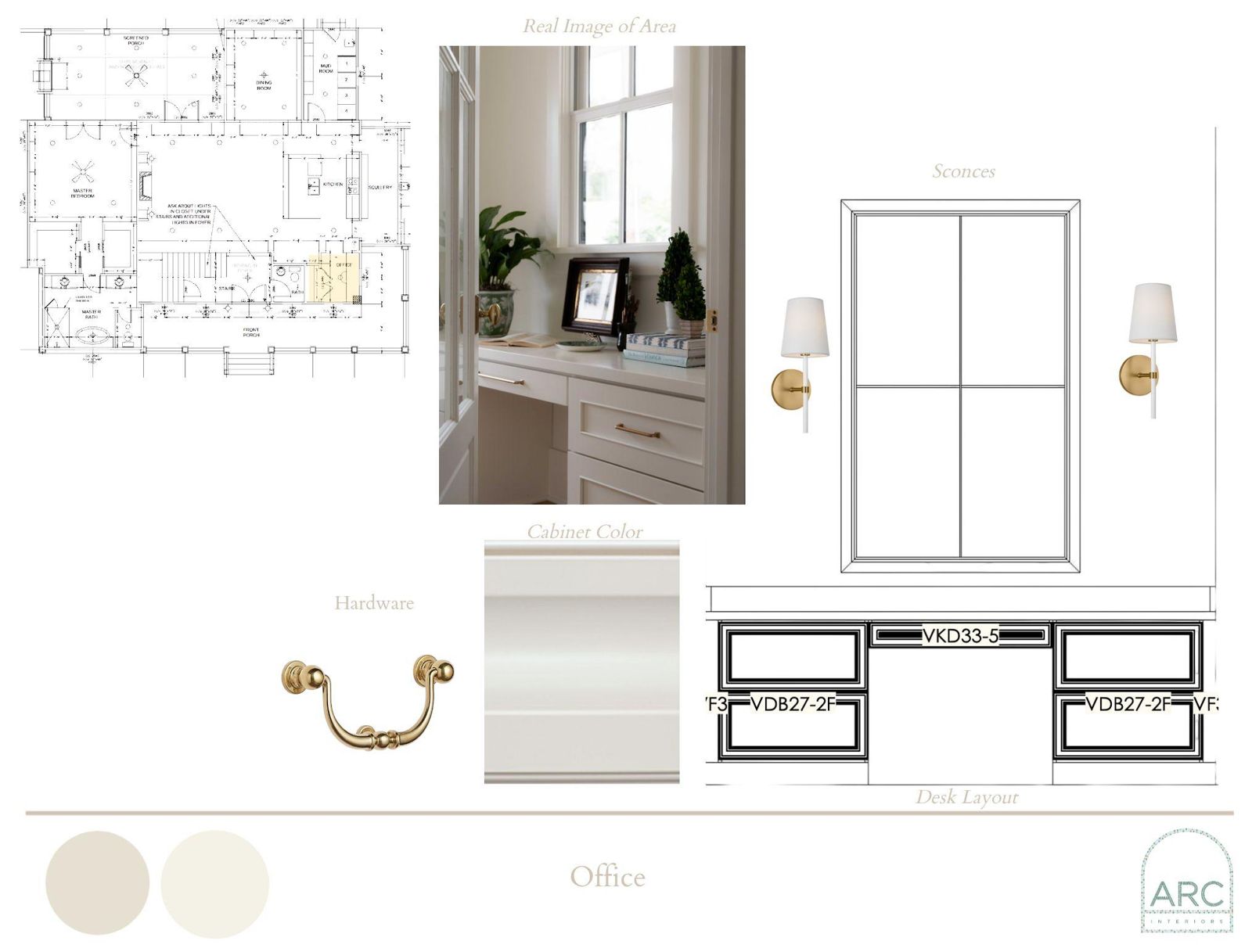 Office design board: finishes, fixtures, and lighting