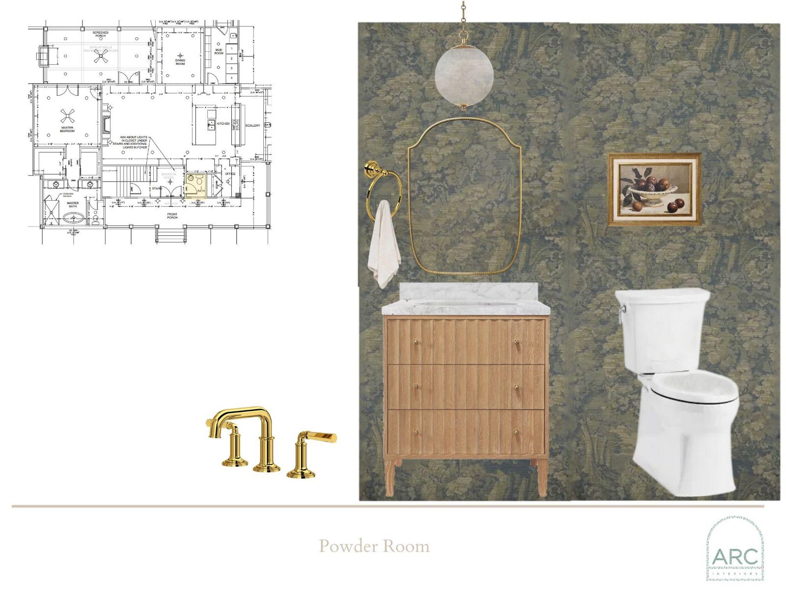 Powder Room design board: finishes, fixtures, and lighting