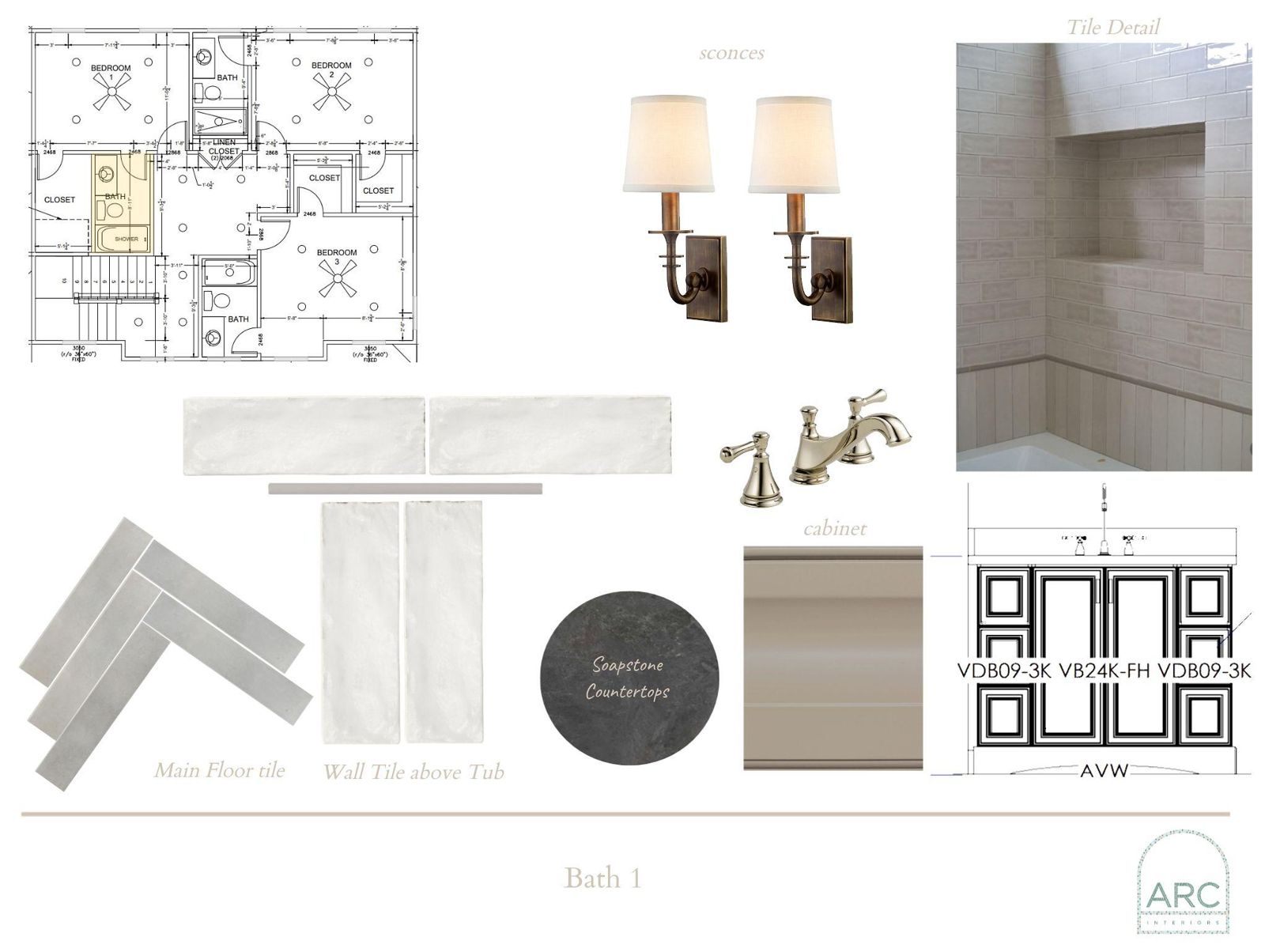 Bath 1 design board: finishes, fixtures, and lighting